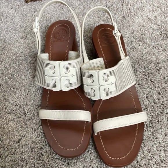 Tory Burch Lowell 2 Perforated Mesh Leather Heeled Sandals White Resort 9.5 - Picture 2 of 6